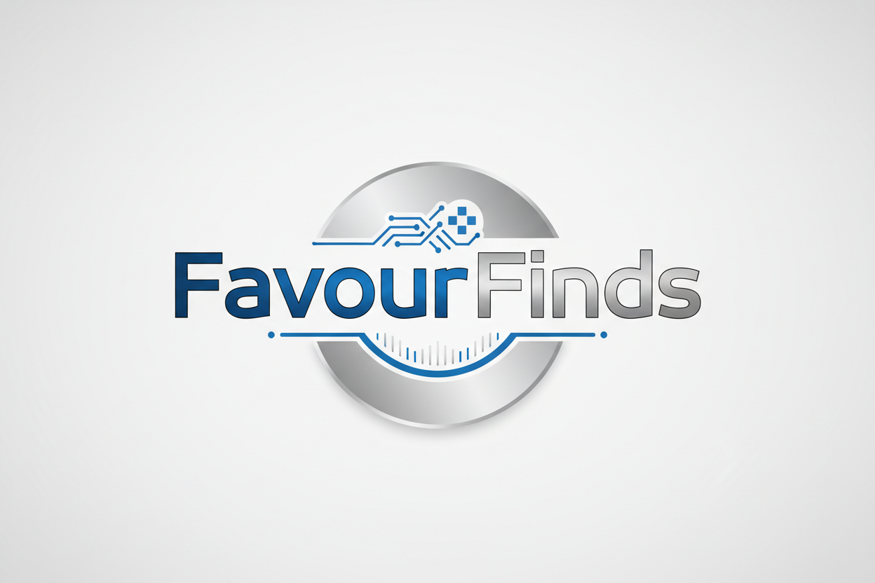 lag en logo for favour finds jeg vil at favour skal være blå og finds i sølv/grå